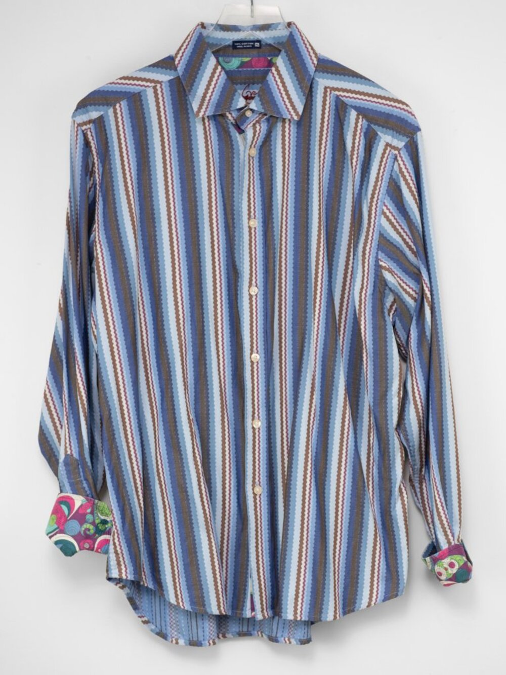 Robert Graham Flip Cuff Shirt Button Down Stripe Blue Brown Size XL